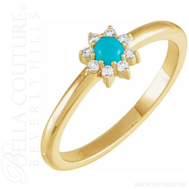 (NEW) BELLA COUTURE® ELLABETTA PETITE AAA+ SLEEPING BEAUTY TURQUOISE CABOCHON 14K YELLOW GOLD DIAMOND RING (1/10CT. TW.)