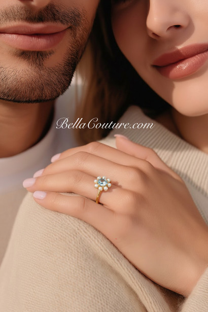 (NEW) BELLA COUTURE® ALEXANDRIA Oval Natural Aquamarine Pearl 14K Yellow Gold Ring Band