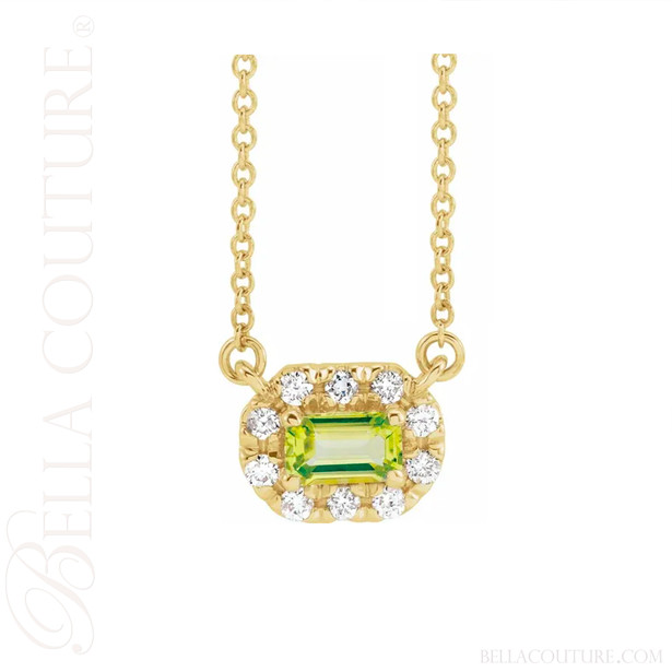 (NEW) BELLA COUTURE® BAYLIE Petite 14K Yellow Gold Solitaire Baguette 5 MM x 7 MM Peridot Link Chain Necklace (18")