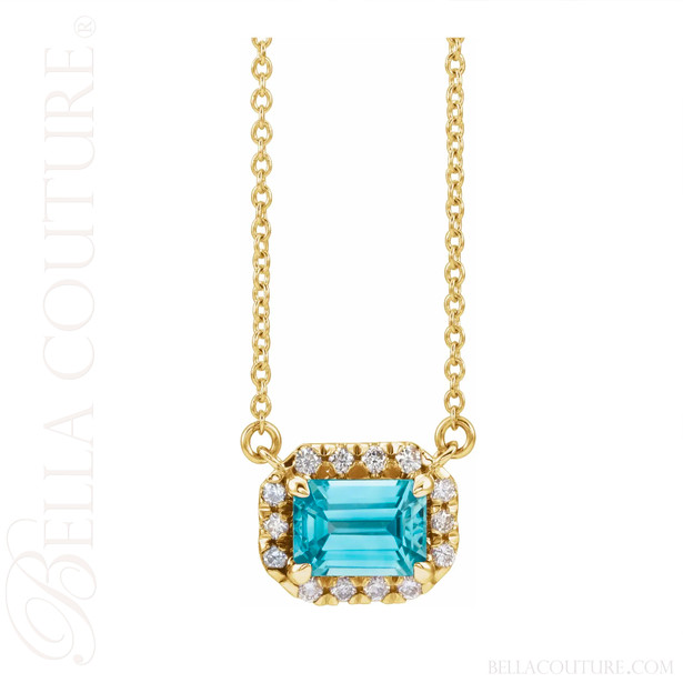 (NEW) BELLA COUTURE® BAYLIE 14K Yellow Gold Solitaire Baguette  6 MM x 4 MM Blue Zircon Link Chain Necklace (18")