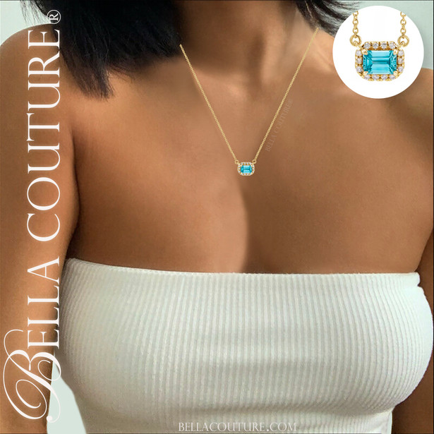 (NEW) BELLA COUTURE® BAYLIE 14K Yellow Gold Solitaire Baguette  6 MM x 4 MM Blue Zircon Link Chain Necklace (18")
