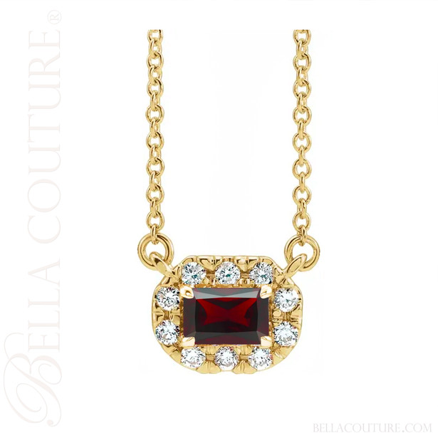 (NEW) BELLA COUTURE® BAYLIE Petite 14K Yellow Gold Solitaire Baguette 5 MM x 3 MM Garnet Link Chain Necklace (18")