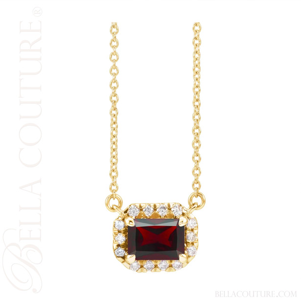 (NEW) BELLA COUTURE® BAYLIE 14K Yellow Gold Solitaire Baguette 7MM x 5MM Garnet Link Chain Necklace (18")