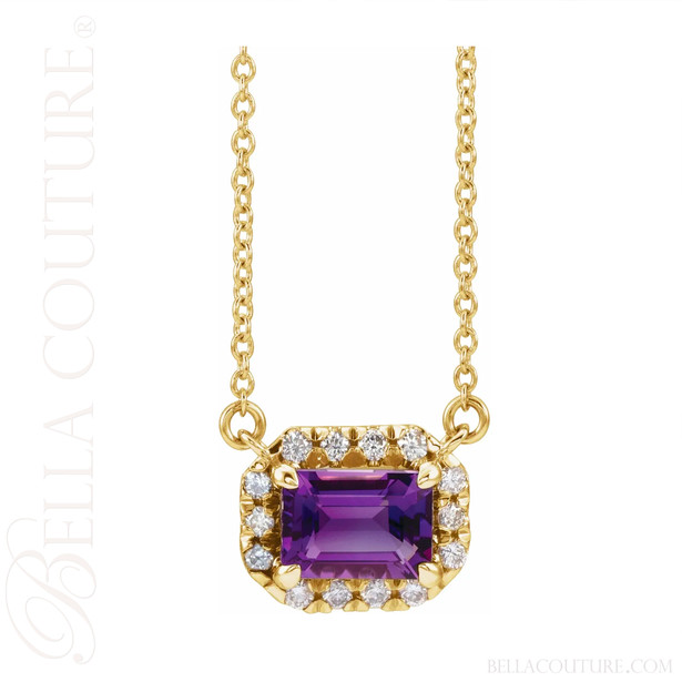 (NEW) BELLA COUTURE® BAYLIE 14K Yellow Gold Solitaire Baguette 7MM x 5MM Amethyst Link Chain Necklace (18")