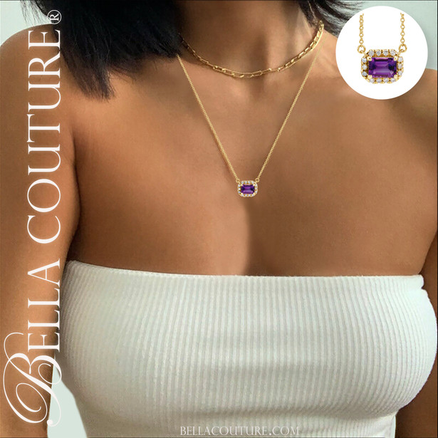 (NEW) BELLA COUTURE® BAYLIE 14K Yellow Gold Solitaire Baguette 7MM x 5MM Amethyst Link Chain Necklace (18")