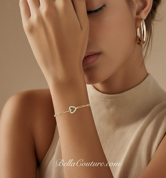 (NEW) BELLA COUTURE® BARBIE COUTURE Heart 14K Rose Gold Diamond Link Chain Bracelet (7" inch)