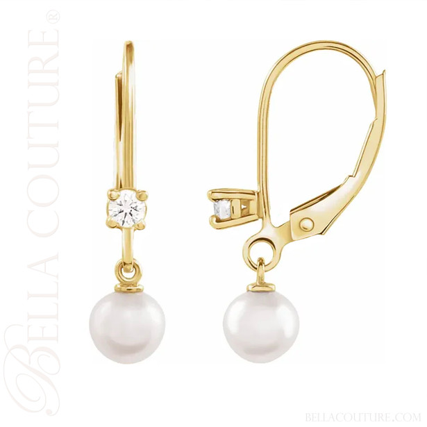(NEW) BELLA COUTURE® MALISA AKOYA PEARL DIAMOND 14K YELLOW GOLD DANGLE DROP LEVERBACK EARRINGS (1/5 CT. TW.)
