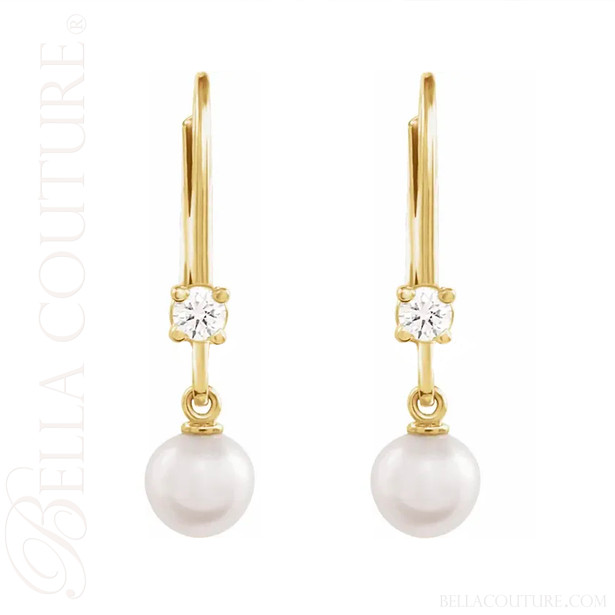 (NEW) BELLA COUTURE® MALISA AKOYA PEARL DIAMOND 14K YELLOW GOLD DANGLE DROP LEVERBACK EARRINGS (1/5 CT. TW.)