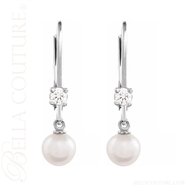 (NEW) BELLA COUTURE® MALISA AKOYA PEARL DIAMOND 14K WHITE GOLD DANGLE DROP LEVERBACK EARRINGS (1/5 CT. TW.)
