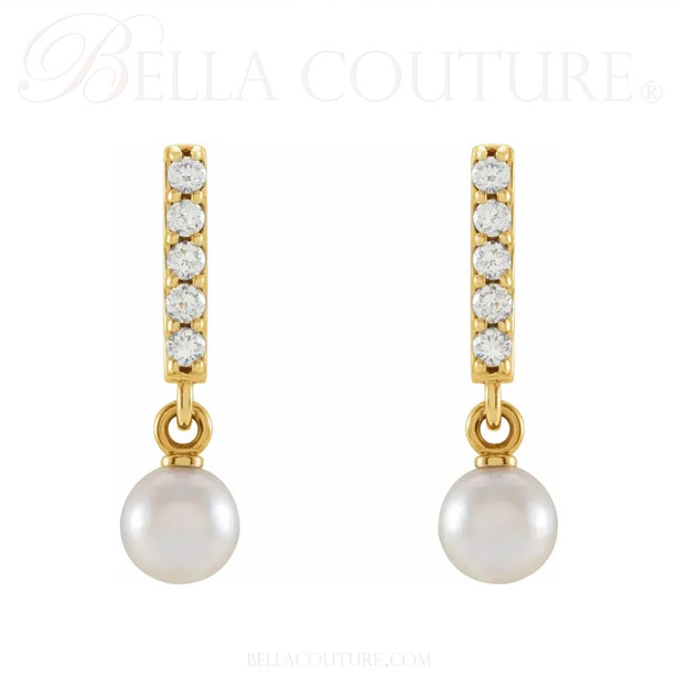 (NEW) BELLA COUTURE® ALISAA AKOYA PEARL DIAMOND 14K YELLOW GOLD DANGLE DROP LEVERBACK EARRINGS