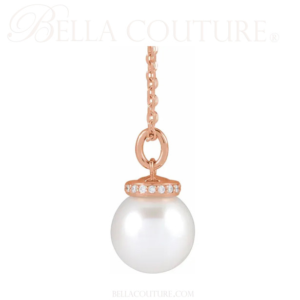 (NEW) BELLA COUTURE® BRILLIANT 14K Rose Gold Solitaire Akoya Cultured Pearl Pendant Diamond Link Chain Necklace (16"-18")