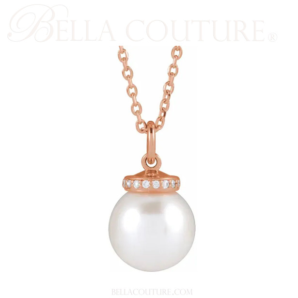 (NEW) BELLA COUTURE® BRILLIANT 14K Rose Gold Solitaire Akoya Cultured Pearl Pendant Diamond Link Chain Necklace (16"-18")