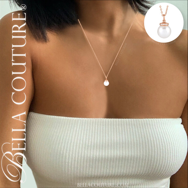 (NEW) BELLA COUTURE® BRILLIANT 14K Rose Gold Solitaire Akoya Cultured Pearl Pendant Diamond Link Chain Necklace (16"-18")