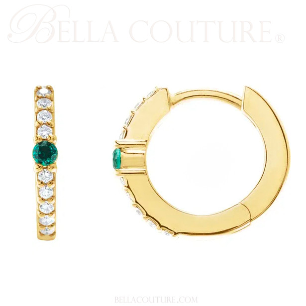 (NEW) BELLA COUTURE® ARIA EMERALD DIAMOND 14K YELLOW GOLD DANGLE DROP HUGGIE HOOP EARRINGS (14MM HOOPS)