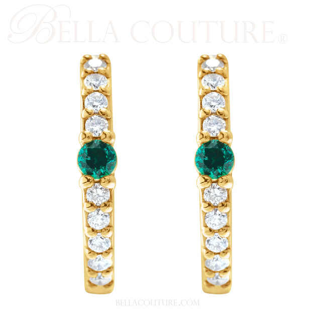 (NEW) BELLA COUTURE® ARIA EMERALD DIAMOND 14K YELLOW GOLD DANGLE DROP HUGGIE HOOP EARRINGS (14MM HOOPS)