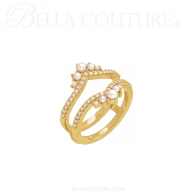 (NEW) BELLA COUTURE® MINKA Cultured White Seed Pearl 14K Yellow Gold Open Ring Guard Accent Band