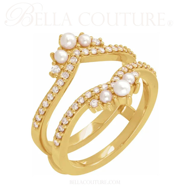 (NEW) BELLA COUTURE® MINKA Cultured White Seed Pearl 14K Yellow Gold Open Ring Guard Accent Band