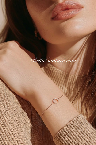 (NEW) BELLA COUTURE® ELEGANTE 14K Rose Gold 7 Diamond Crescent Moon Link Chain Bracelet (6.5, 7, 7.5" inch)