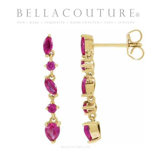 (NEW) BELLA COUTURE® ALISSANDRA NATURAL RUBY GEMSTONE 14K YELLOW GOLD DANGLE DROP POST EARRINGS