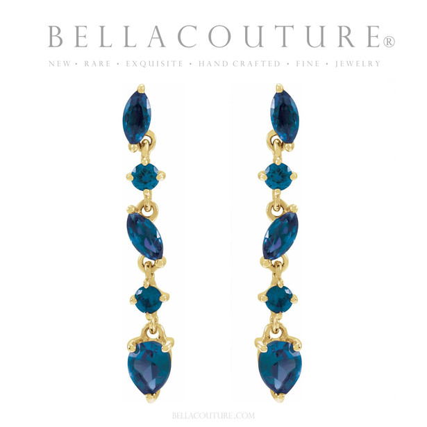 (NEW) BELLA COUTURE® ALISSANDRA NATURAL BLUE SAPPHIRE GEMSTONE 14K YELLOW GOLD DANGLE DROP POST EARRINGS