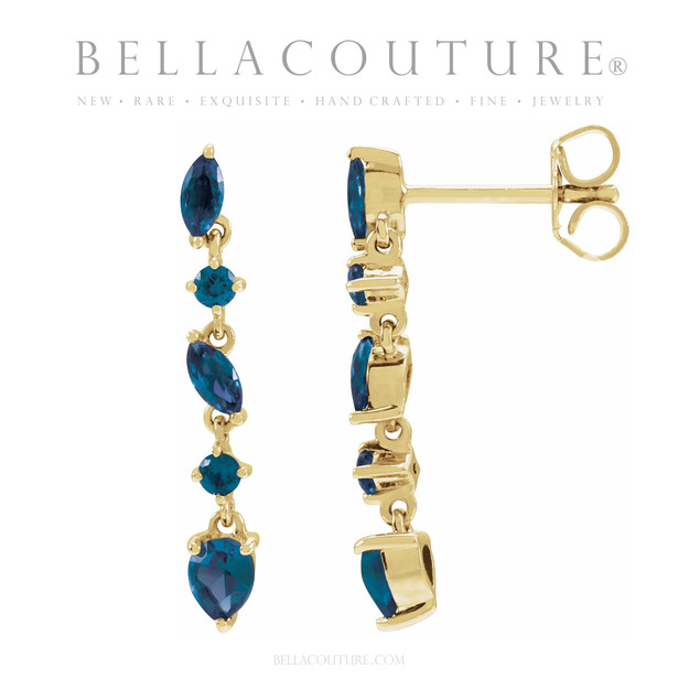 (NEW) BELLA COUTURE® ALISSANDRA NATURAL BLUE SAPPHIRE GEMSTONE 14K YELLOW GOLD DANGLE DROP POST EARRINGS