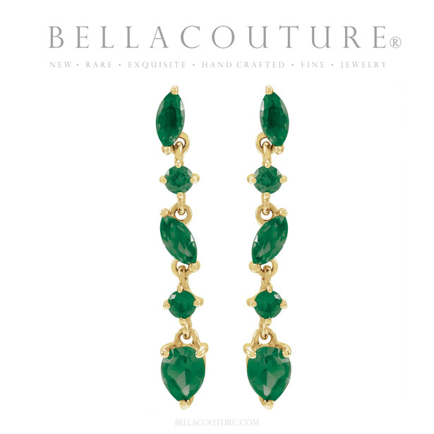 (NEW) BELLA COUTURE® ALISSANDRA NATURAL EMERALD GEMSTONE 14K YELLOW GOLD DANGLE DROP POST EARRINGS
