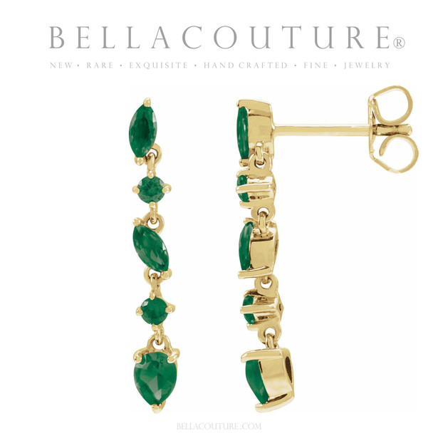 (NEW) BELLA COUTURE® ALISSANDRA NATURAL EMERALD GEMSTONE 14K YELLOW GOLD DANGLE DROP POST EARRINGS