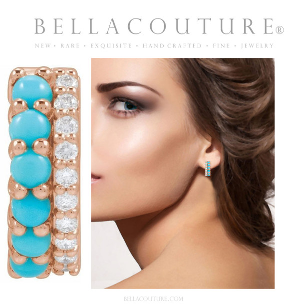 (NEW) BELLA COUTURE® ANNALISA DIAMOND NATURAL TURQUOISE GEMSTONE 14K ROSE GOLD HUGGIE HOOP EARRINGS (12 MM)