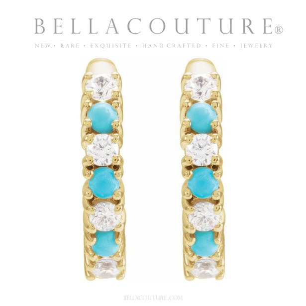 (NEW) BELLA COUTURE® PIPER DIAMOND NATURAL TURQUOISE GEMSTONE 14K WHITE GOLD HUGGIE HOOP EARRINGS (13 MM)