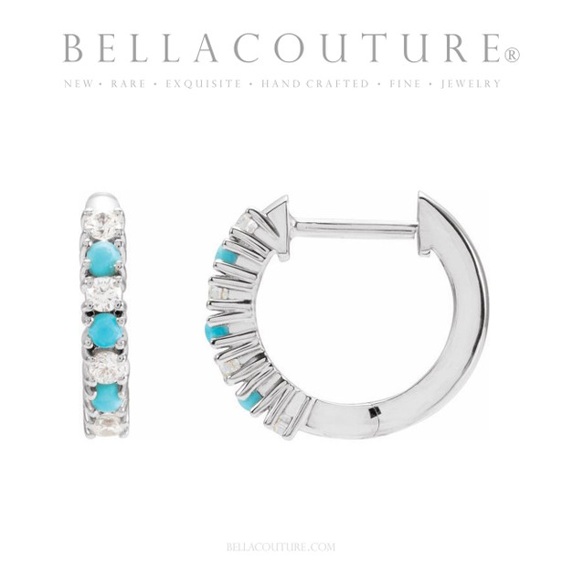 (NEW) BELLA COUTURE® PIPER DIAMOND NATURAL TURQUOISE GEMSTONE 14K WHITE GOLD HUGGIE HOOP EARRINGS (13 MM)