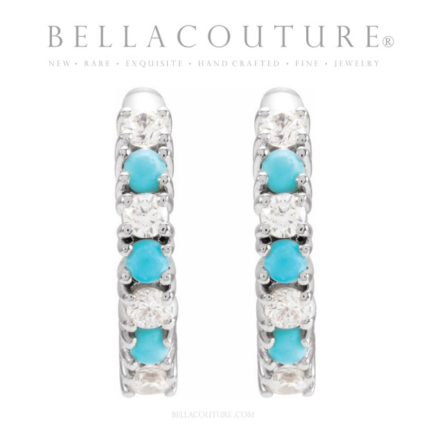 (NEW) BELLA COUTURE® PIPER DIAMOND NATURAL TURQUOISE GEMSTONE 14K WHITE GOLD HUGGIE HOOP EARRINGS (13 MM)