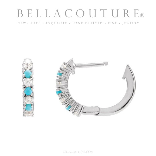 (NEW) BELLA COUTURE® PIPER DIAMOND NATURAL TURQUOISE GEMSTONE 14K WHITE GOLD HUGGIE HOOP EARRINGS (13 MM)