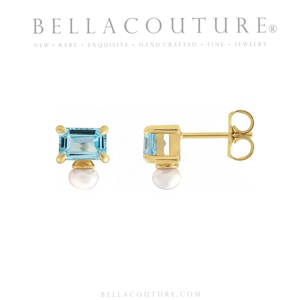 (NEW) BELLA COUTURE® ST. CLAIRE NATURAL SKY BLUE TOPAZ PEARL 14K YELLOW GOLD POST EARRINGS (7MM x 7MM)