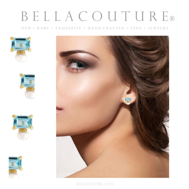 (NEW) BELLA COUTURE® ST. CLAIRE NATURAL SKY BLUE TOPAZ PEARL 14K YELLOW GOLD POST EARRINGS (7MM x 7MM)