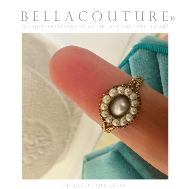 (ANTIQUE) Rare Gorgeous Georgian Victorian 14K 14CT 585 Yellow Gold Pave Floral Etched Seed Pearl Ring Band c.1700 - 1840