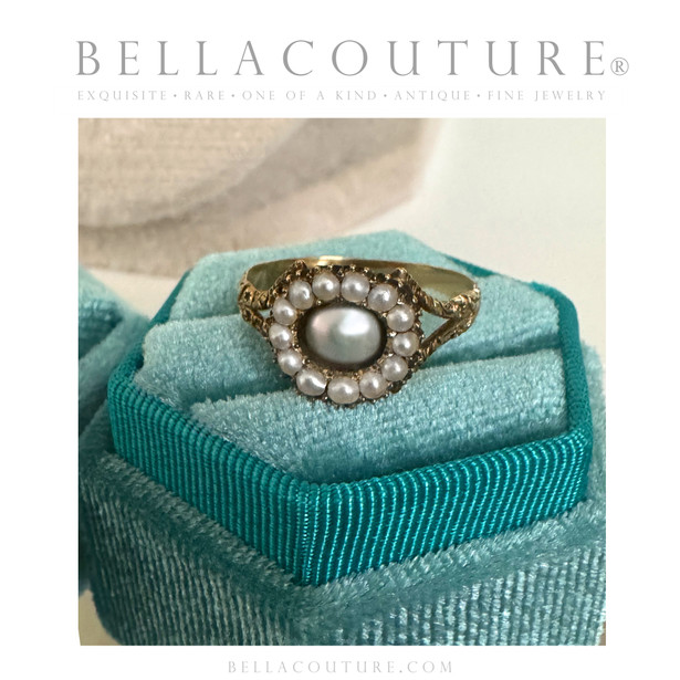 (ANTIQUE) Rare Gorgeous Georgian Victorian 14K 14CT 585 Yellow Gold Pave Floral Etched Seed Pearl Ring Band c.1700 - 1840