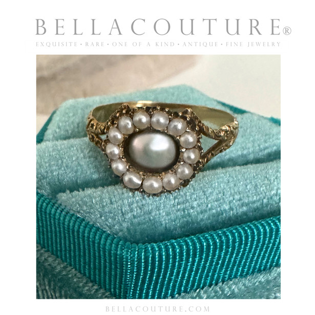 (ANTIQUE) Rare Gorgeous Georgian Victorian 14K 14CT 585 Yellow Gold Pave Floral Etched Seed Pearl Ring Band c.1700 - 1840