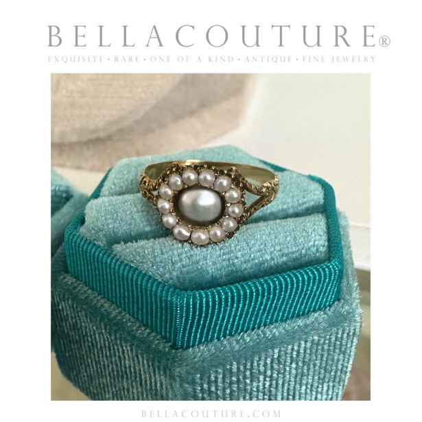 (ANTIQUE) Rare Gorgeous Georgian Victorian 14K 14CT 585 Yellow Gold Pave Floral Etched Seed Pearl Ring Band c.1700 - 1840