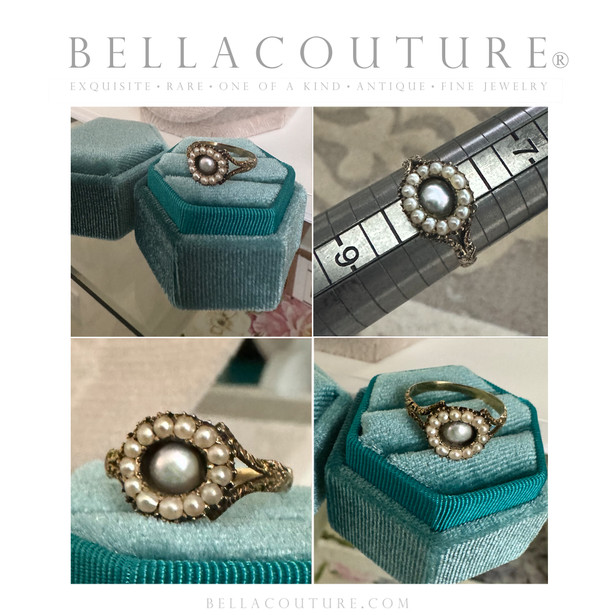 (ANTIQUE) Rare Gorgeous Georgian Victorian 14K 14CT 585 Yellow Gold Pave Floral Etched Seed Pearl Ring Band c.1700 - 1840