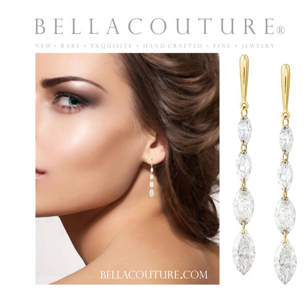 (NEW) BELLA COUTURE® MONROE 1.5 CT DIAMOND 14K YELLOW GOLD DANGLE DROP POST EARRINGS (37MM x 3.5MM)