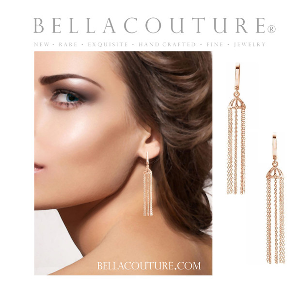 (NEW) BELLA COUTURE® PARIS JOLI 14K ROSE GOLD DANGLE DROP HINGED HUGGIE HOOP EARRINGS (54MM x 7.8MM)