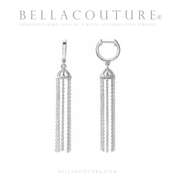 (NEW) BELLA COUTURE® PARIS JOLI 14K WHITE GOLD DANGLE DROP HINGED HUGGIE HOOP EARRINGS (54MM x 7.8MM)
