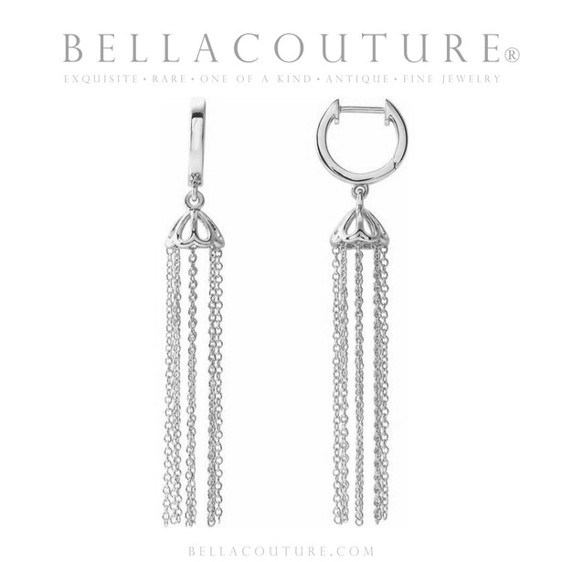 (NEW) BELLA COUTURE® PARIS JOLI 14K WHITE GOLD DANGLE DROP HINGED HUGGIE HOOP EARRINGS (54MM x 7.8MM)