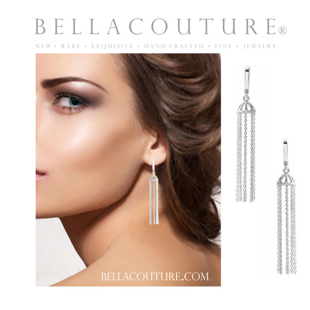 (NEW) BELLA COUTURE® PARIS JOLI 14K WHITE GOLD DANGLE DROP HINGED HUGGIE HOOP EARRINGS (54MM x 7.8MM)