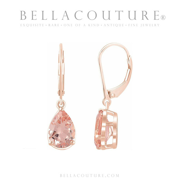 (NEW) BELLA COUTURE® NATURAL MORGANITE 14K ROSE GOLD LEVER BACK DANGLE 10MM x 7MM TEAR DROP EARRINGS (28MM)