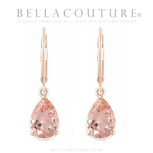 (NEW) BELLA COUTURE® NATURAL MORGANITE 14K ROSE GOLD LEVER BACK DANGLE 10MM x 7MM TEAR DROP EARRINGS (28MM)