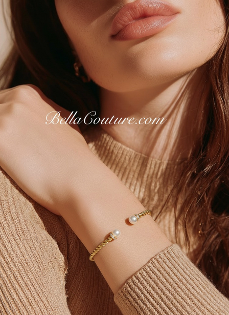 (NEW) BELLA COUTURE® BRIGITTE Twisted Cable 14K Yellow Gold Bangle Bracelet (7", 6.5" Inches - Adjustable)