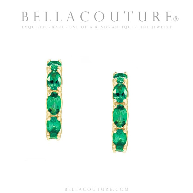 (NEW) BELLA COUTURE® GABRIELLE EMERALD 14K YELLOW GOLD POST HOOP EARRINGS (6.5MM x 4MM)