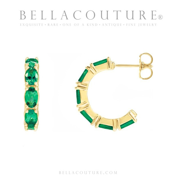 (NEW) BELLA COUTURE® GABRIELLE EMERALD 14K YELLOW GOLD POST HOOP EARRINGS (6.5MM x 4MM)