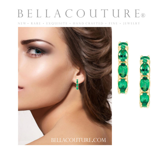 (NEW) BELLA COUTURE® GABRIELLE EMERALD 14K YELLOW GOLD POST HOOP EARRINGS (6.5MM x 4MM)